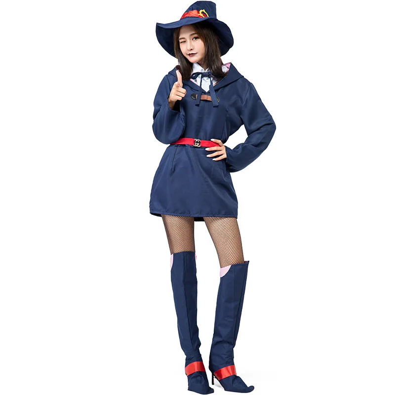 

Girl Anime Witche Cosplay Blue Hooded Min Dress White Neckwear Top Point Hat Footwear Belt 5pcs Set School Uniform Halloween Cos