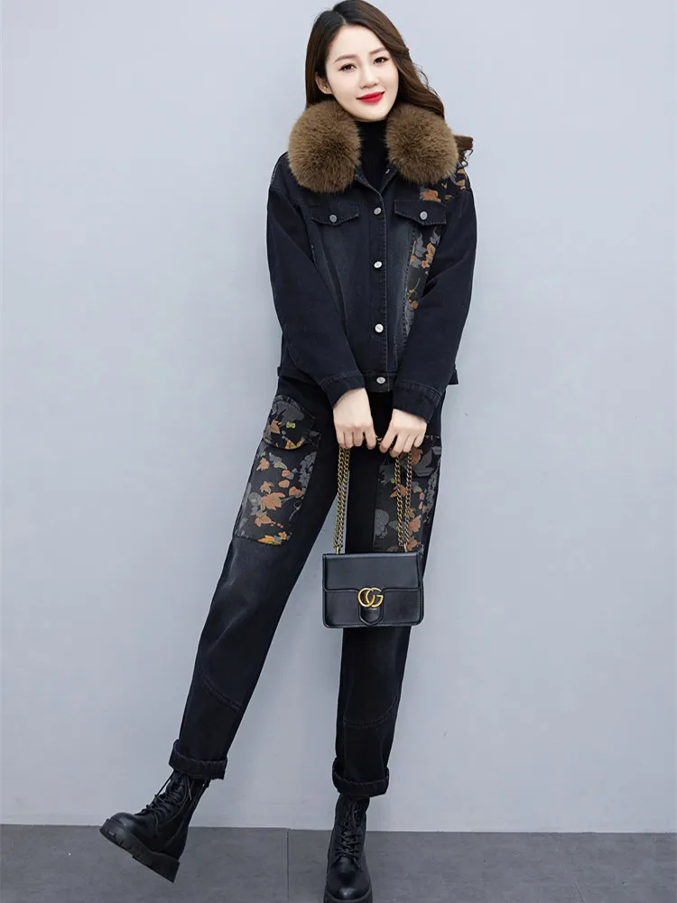 Женский джинсовый костюм из двух предметов повседневный утепленный джинсовой