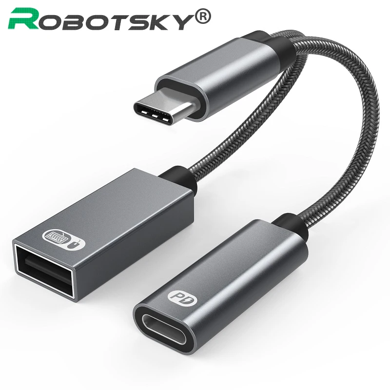 

2 In 1 USB 2.0 Type-C OTG Adapter 60W DP QC Fast Charge Supply Mobile Phone External U Disk Converter Two-In-One Splitter Cable