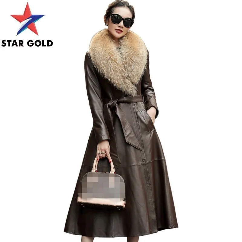 

Detachable Raccoon Sheepskin Fur Collar Down Coat Office Lady Long Elegant Sashes Slim Genuine Leather Jacket Women Thick Design