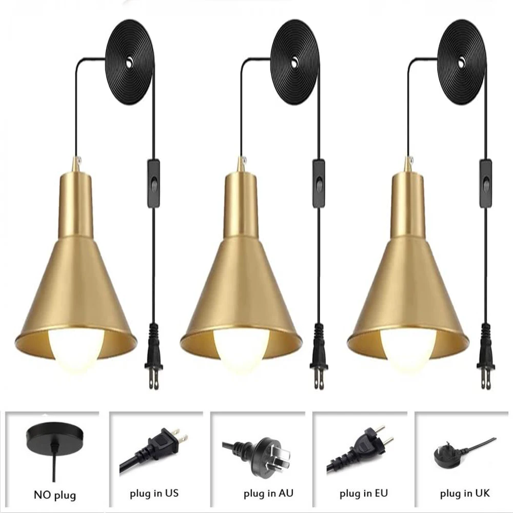 

3-Pack Golden Brass Hanging Pendant Light Industrial Metal Ceiling Lamp with Conical Shade Adjustable Plug In Hanging