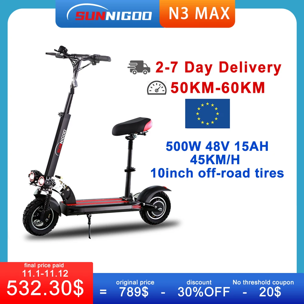 

Electric Scooter For Adults EU Stock 48v 500w 45km/h Foldable 10Inch 800w E-scooter Original SUNNIGOO Electric Scooter With Seat