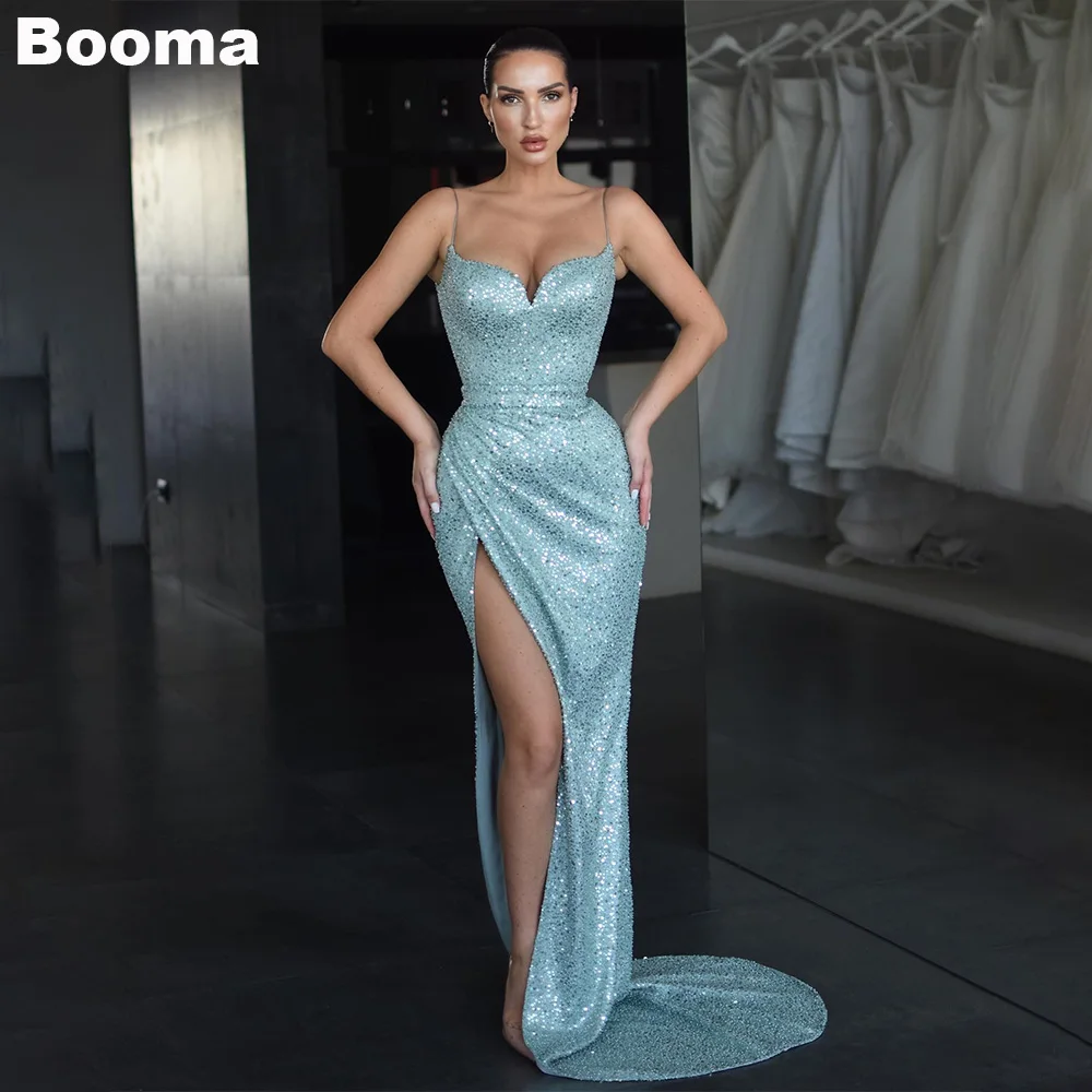 

Booma Sexy Mermaid Evening Dresses Spaghetti Strap Sequined Long Formal Party Gowns for Women Leg Slit Prom Dress gala Dubai