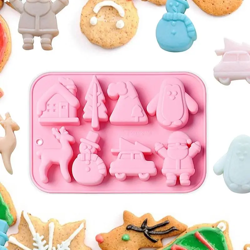 

8 Cavity Christmas Chocolate Fondant Silicone Molds Handmade Candies Baking Molds with Christmas Theme Elk Cars Snowman Santa