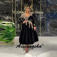 aixiangsha black velvet prom dresses long sleeves beads crystal midi length formal party gowns women luxury evening dress