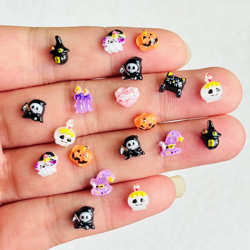 

60 шт. милая мини-голова тыквы на Хэллоуин, призрак черепа, персиковое сердце, смола, очаровательный дизайн, сделай сам, украшение для ногтей, ювелирный аксессуар A117