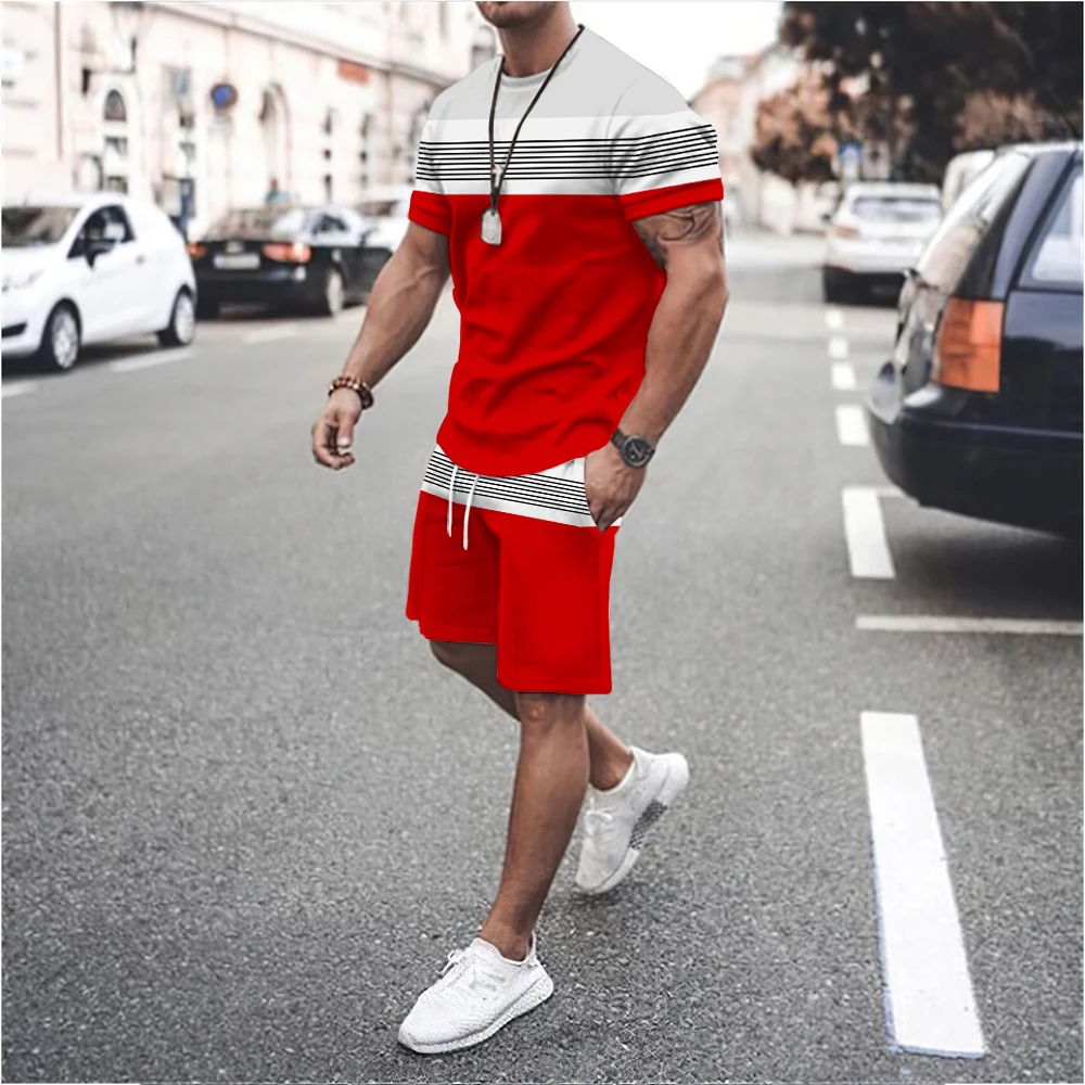 

3D Printed Men's T-Shirt Set Summer Fashion Casual Shorts Top Striped Splicing Element Pattern Street 2-piece Sportswear