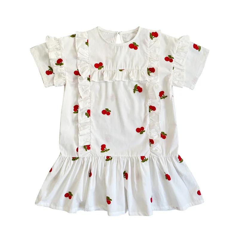 

Embroidery Teen Girls Dress New Kids Summer Dress Clothes Cotton Fresh Cherry Pattern Ruffles Teenage Children,#6034