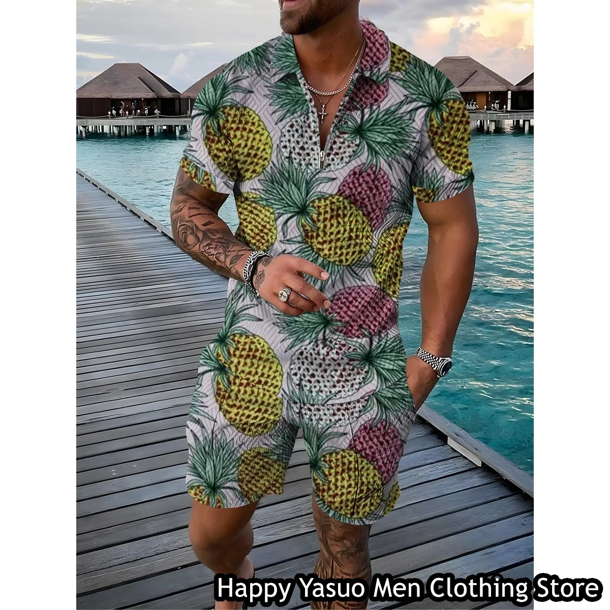 Summer Men Fashion Polo Shirt Set 2 Pieces Casual Tracksuit Fruit Printing Outfit Male Suit Retro Style Hawaii Clothing