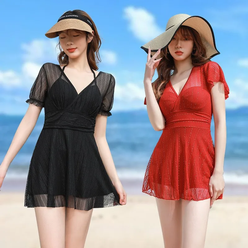 

2023 Women One-Piece Swimsuit Sexy Soild Swim Skirt Summer Beach Wear Korean Style Bathing Suit Female Bikinis Swimwear Q265