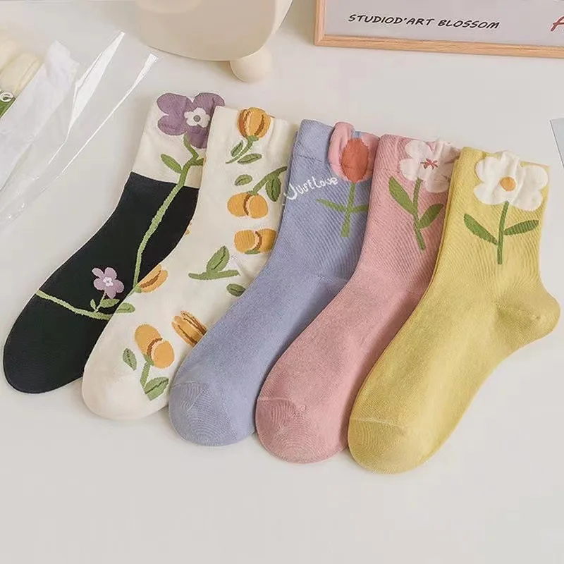 

Новое поступление, женские носки в японском и корейском стиле с мультяшными цветами, Повседневные Дышащие носки в стиле Харадзюку, весна-осень