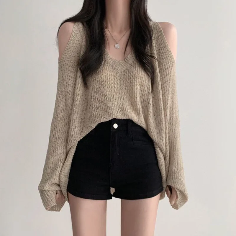 

Off Shoulder Knitted Sweater Women Autumn Retro V-neck Thin Knitwear Female Korean Fashion Loose Casual All-match Sunscreen Tops