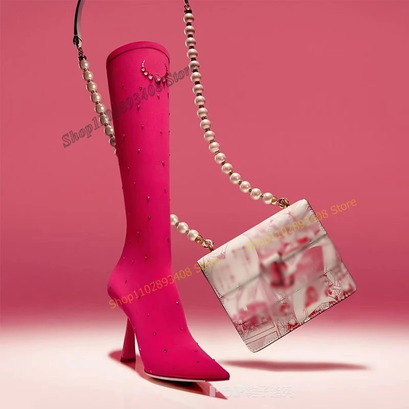 

Rose Red Crystal Elastic Knee High Boots Solid Pointed Toe Stilettos High Heel Women Shoes 2023 Fashion Sexy Zapatos Para Mujere