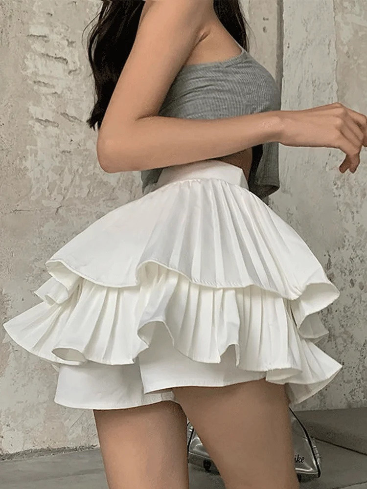 

High Waist Pleated Mini Skirt Women Double Layer White A-line Skirt with Shorts Y2k Clothes Korean Fashion Goth Harajuku Skirt
