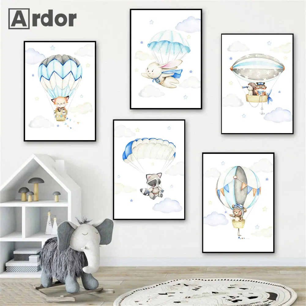 

Parachute Hot Air Balloon Bear Rabbit Posters Wall Art Canvas Painting Nursery Print Pictures Nordic Wall Poster Kids Room Decor