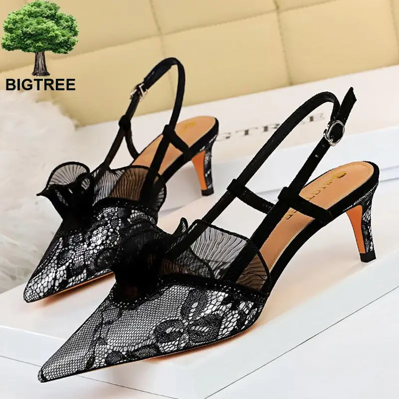 

Туфли-лодочки BIGTREE женские, пикантная сетчатая обувь на низком каблуке с котятами, кружевные вечерние туфли, весна 2022