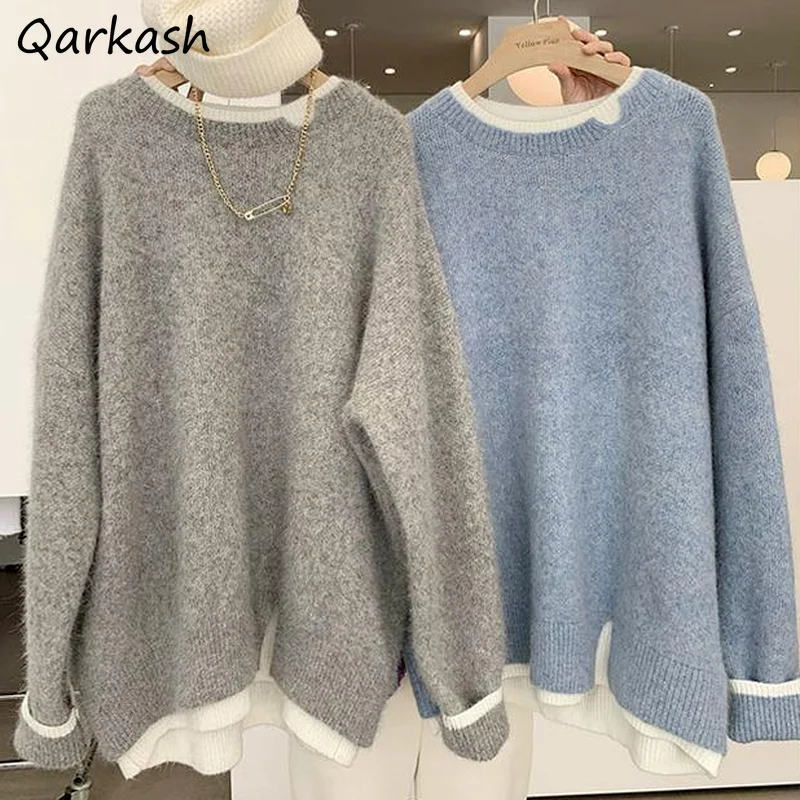 Pullover Women Tender Simple Patchwork Korean Fake 2 Pieces Design New Sweaters Lovely Girl Loose Ulzzang Autumn O-Neck Clothes