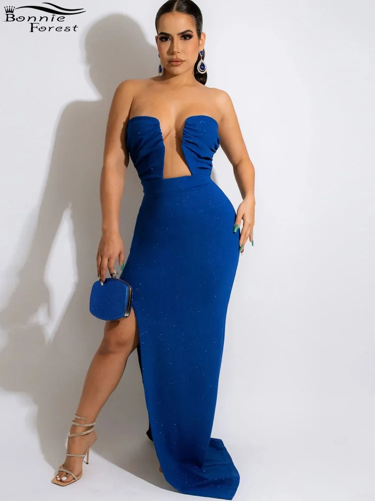 

Bonnie Fores Fashion Off Shouder Solid Bodycon Long Maxi Dress Summer Sleeveless High Slit Party Dress Special Ocaasion Outfits