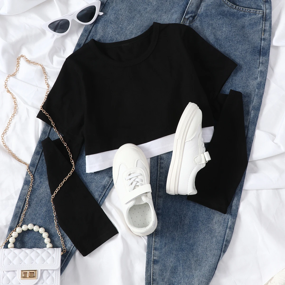 

Autumn Fashion Clothing Children's Clothing Long Sleeve Double Layer Splice Top T-shirt Round Neck Girls' Clothing Top