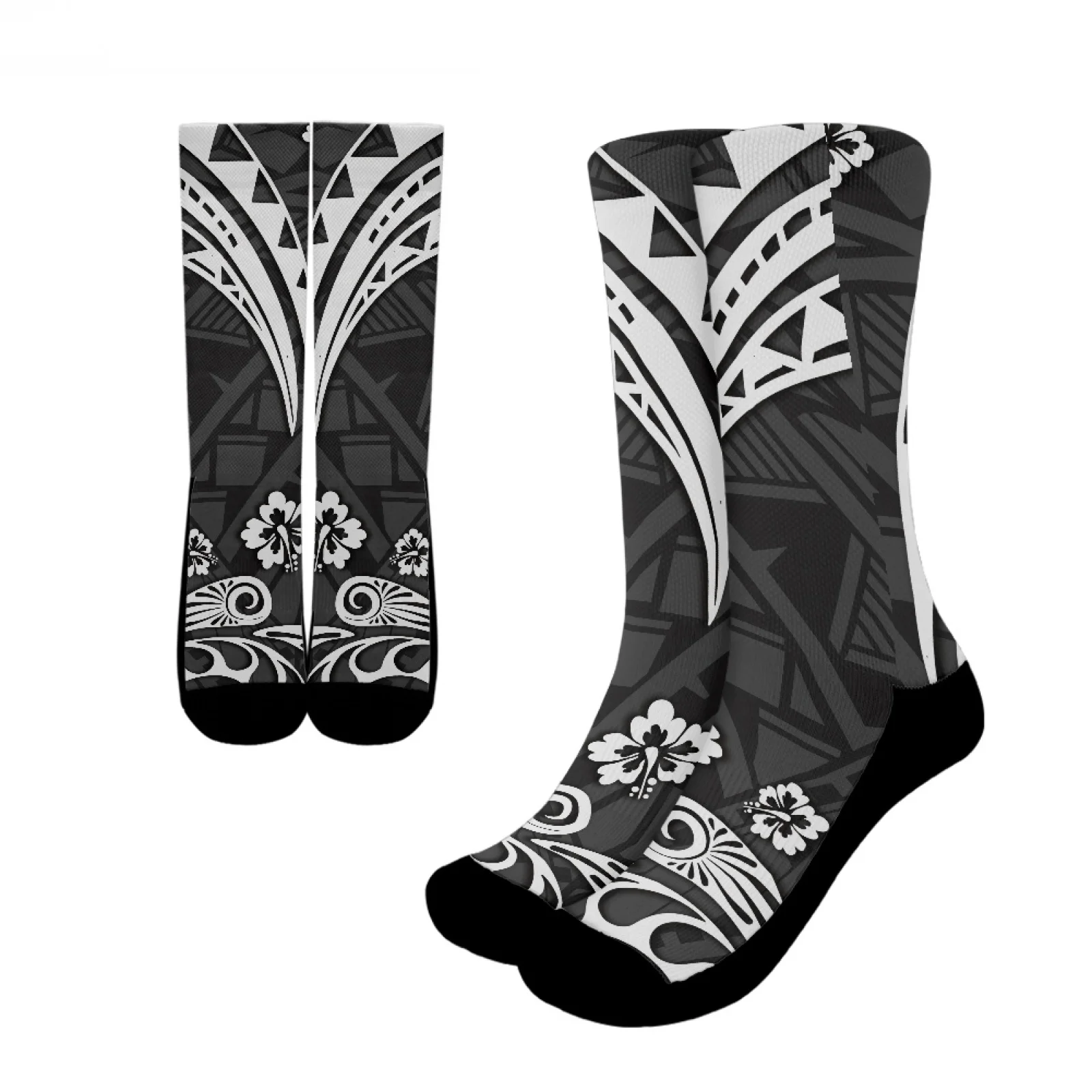 

Polynesian Tribal Samoan Totem Tattoo Samoa Prints High Resilience Polyester Crew Socks Casual Breathable Hibiscus Sports Socks