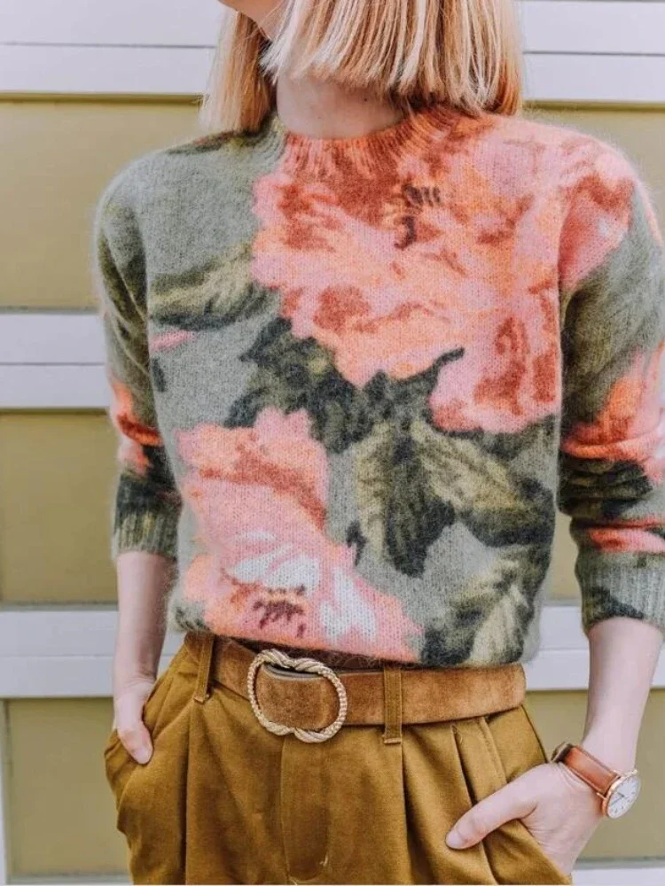 Осенне-зимний новый мохеровый шерстяной свитер с рисунком маслом пуловер