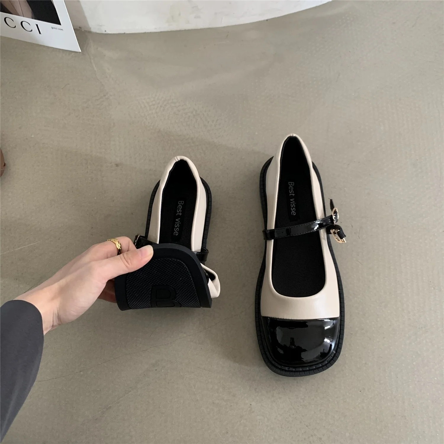 

Color-blocking Mary Jane Single Shoes Women's Shoes 2023 New Spring French Shallow Soft Flat Bottom English Style Small Leather