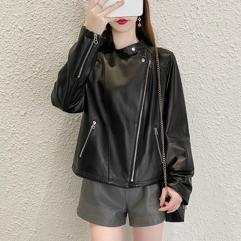 

Woman New Fashion Oversized Coat Female Real Leather Jacket Autumn Ladies Loose Biker Motorcycle Jackets Punk Streetwear G60
