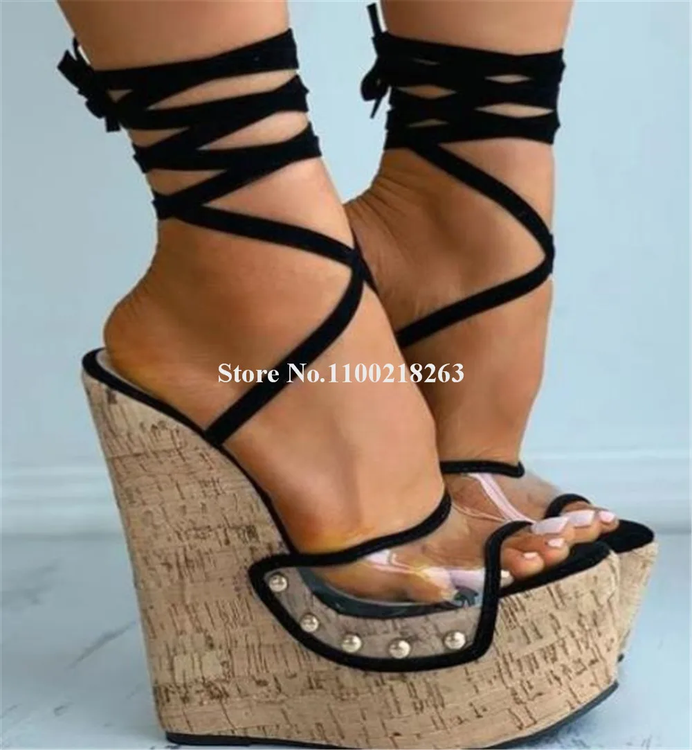 Clear PVC High Platform Wedge Sandals Peep Toe Metal Studs Black Lace-up Transparent Wedges Fashion Party Dress Heels