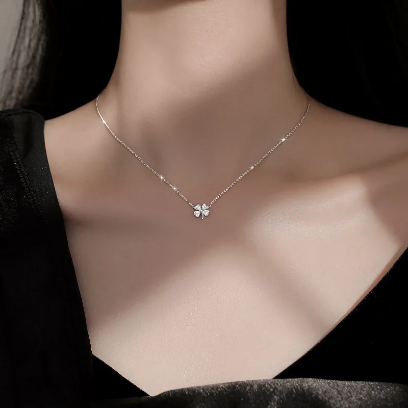

PONYKISS Trendy 925 Sterling Silver Four-leaf Clover Luck Leaves Zircon Sweater Chokers Necklace for Women Lovely Fine Jewelry