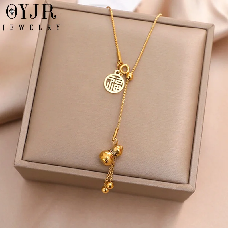 OYJR Delicate Gourd Pendant Necklace Stainless Chinese Style Blessing Pendant Collarbone Chain Women Light Luxury Design Jewelry