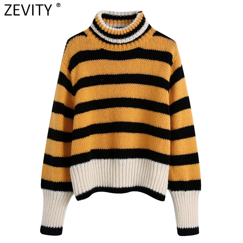 

Zevity New Women Vintage Color Matching Striped Casual Knitting Sweater Female Chic Turtleneck Collar Loose Pullovers Tops SW965