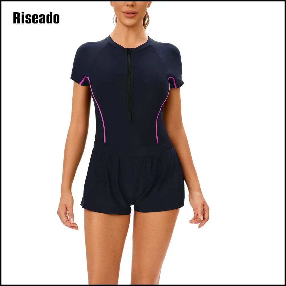 Женский скромный слитный купальный костюм купальник с коротким рукавом и