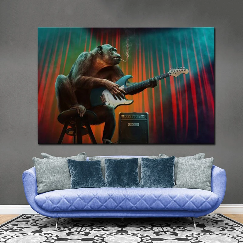 

Funny Singer Monkey Playing Guitar Canvas Art Painting Smoking Cool Monkey Poster and Prints Animal Picture Home Room Wall Decor