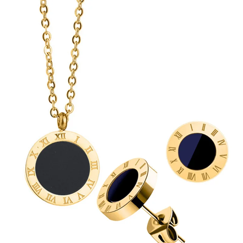 

316L Stainless Steel Simple Black Enamel Roman Numeral Pendant Earring Necklace Set сережки набор