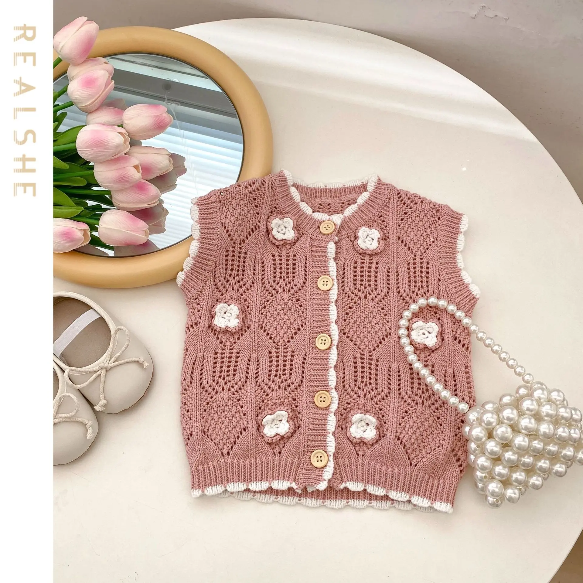 

Children Vest Kids Outerwear Waistcoats Sleeveless Floral Knitting Vest for Girl Autumn Kids Vests 2023 New Clothing
