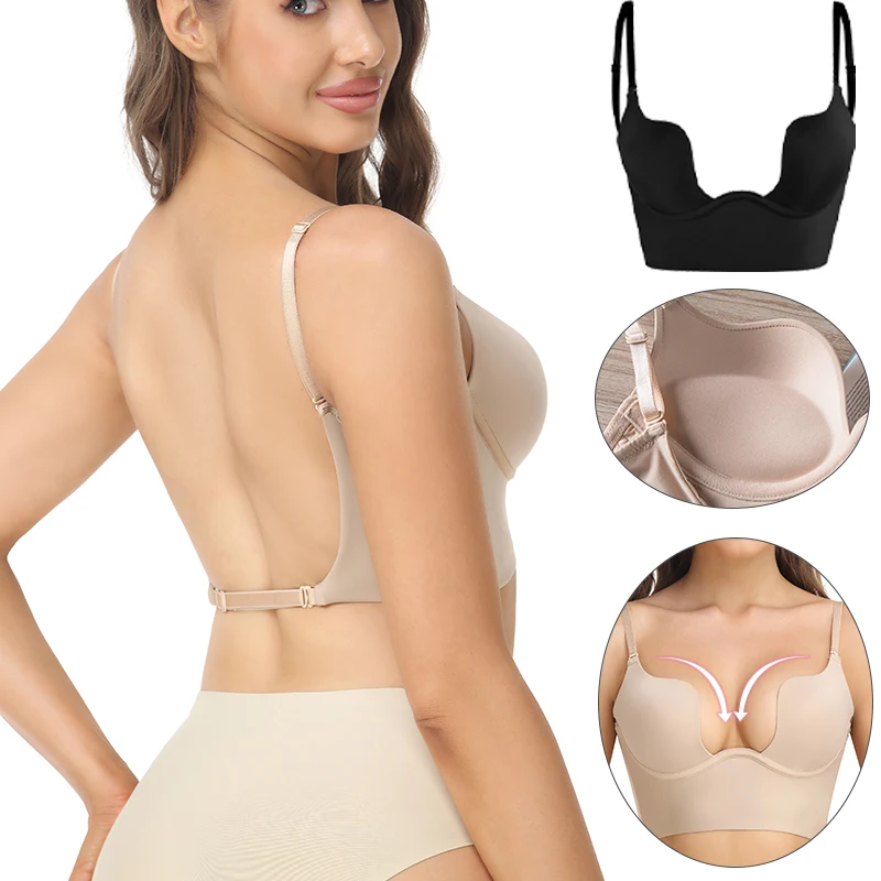 Women's Essentials Deep U Multi-Way Push Up Convertible Low Cut Plunge Bra Shapewear Underwire Seamless Padded Body Shaper