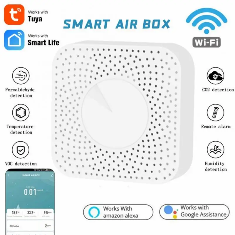 

Tuya WIFI Smart Air Box Carbon Dioxide Detector CO2 Gas Sensor Formaldehyde VOC Temperature Humidity Sensor App Control
