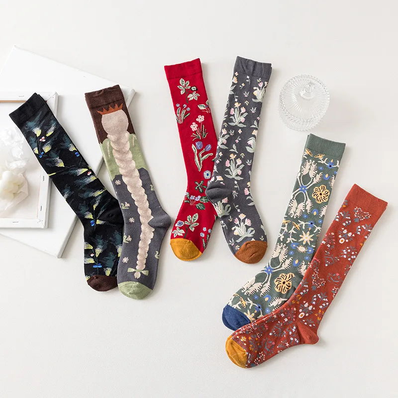 Calf socks European and American ins abstract art knee-length beautiful legs long combed cotton tide socks