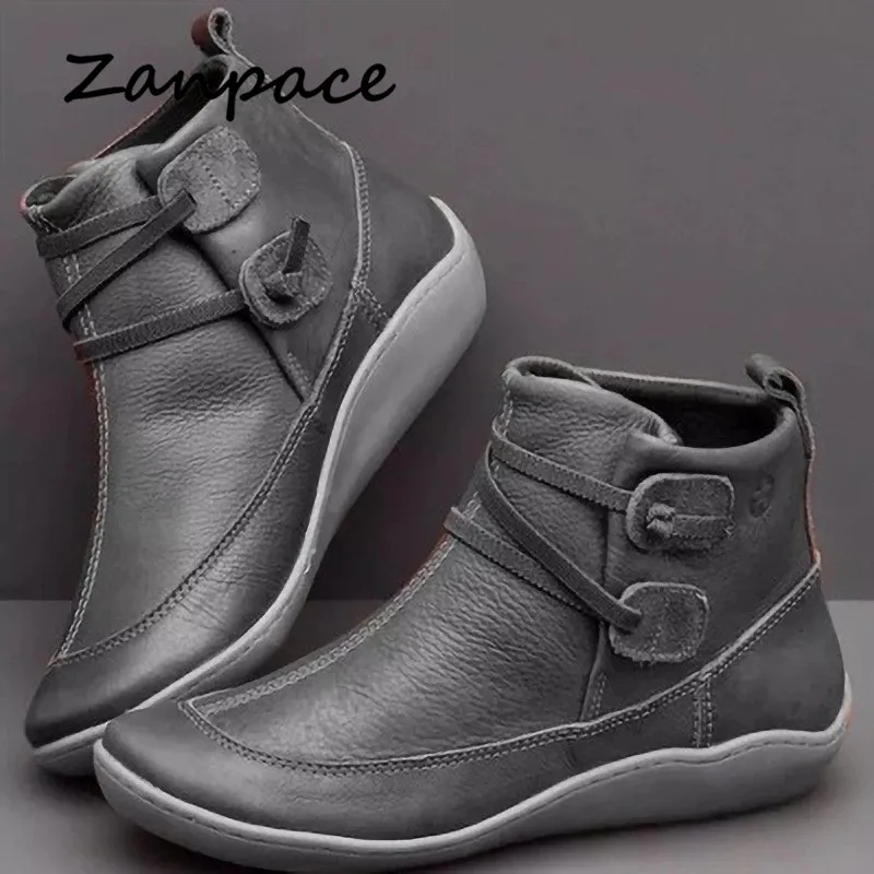 Autumn Casual Booties Women 2019 Large Size 43 Leather Ankle Boots for Women Round Toe Women's Shoes Flat with Zapatos De Mujer