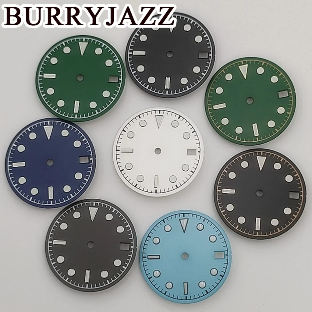 

Циферблат для часов BURRYJAZZ, светящийся циферблат 28,5 мм, черный, белый, синий, зеленый цвета, подходит для часов NH35 с часовым механизмом 3,8 часов, стандартная Корона