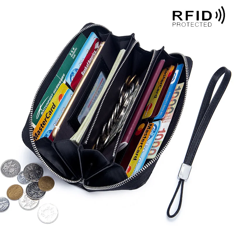Black Long Wallet for Men Women RFID Blocking Clutch Organizer Genuine Leather Credit Card Holder Plaid Zipper Purse Phone Bag