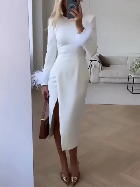 

Elegant Patchwork Feather Dress For Women Round Neck Long Sleeve High Waist Split Bodycon Dress