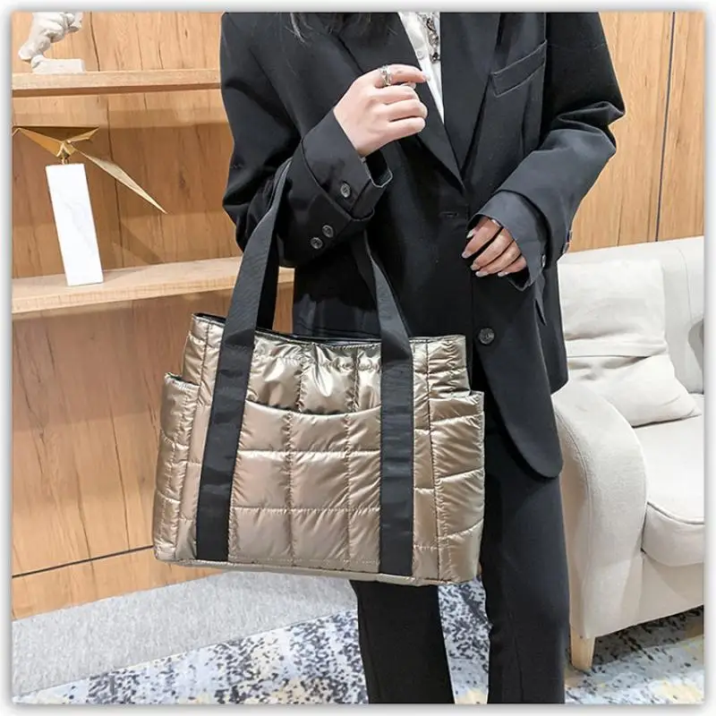 

Nylon Padded Thread Tote for Women Puffy Large Handbags Winter Shopper Shoulder Bag Ladies Fashion Handle Bags Purses 2022 Ins