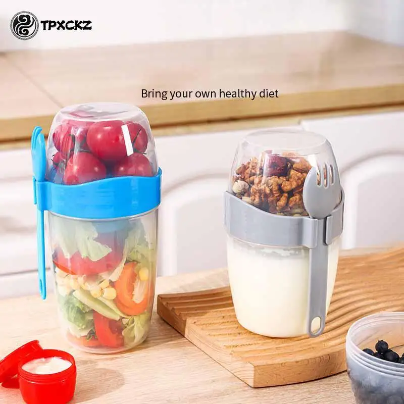 Two-Layers Breakfast Oatmeal Cereal Nut Yogurt Salad Seal Cup Portable Container Set With Fork Cup Lid Bento Food Bowl Lunch Box