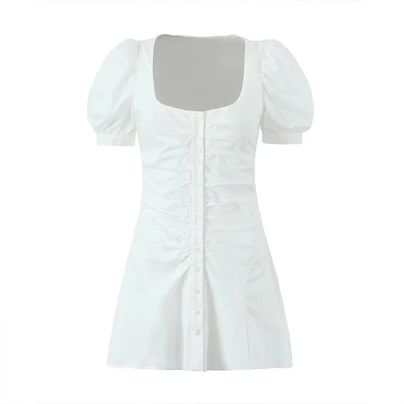 

European Autumn White Pleated Mini Dress 2023 Casual Square Neck Single-Breasted Short-Sleeved Slim Sexy Short Dresses