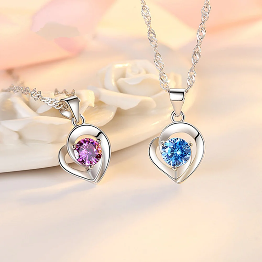 

new 925 Sterling Silver New Woman Fashion Jewelry High Quality Crystal Zircon Heart Shaped Hollow Pendant Necklace Length 45CM