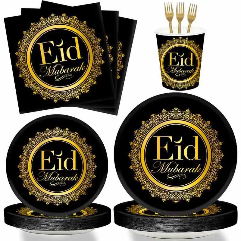 

Black Eid Cutlery Set Dinner Plate Paper Cup Table Flag Napkin Ramadan Decoration 2023 Holiday Party Supplies