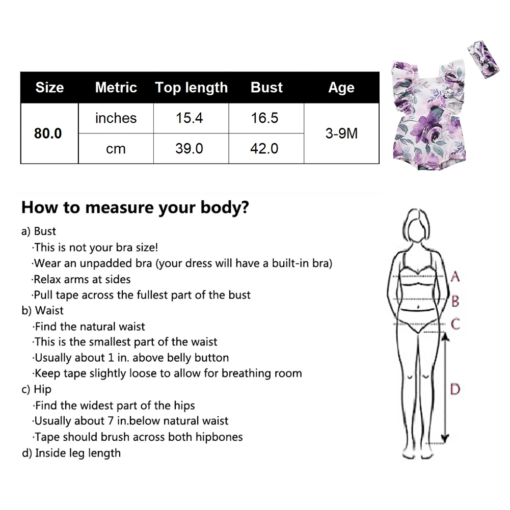 

2pcs/set Purple Breathable Bodysuit Baby Girl Romper Ruffle Sleeves Flower Printed Adjustable Soft With Headband Summer Outfits