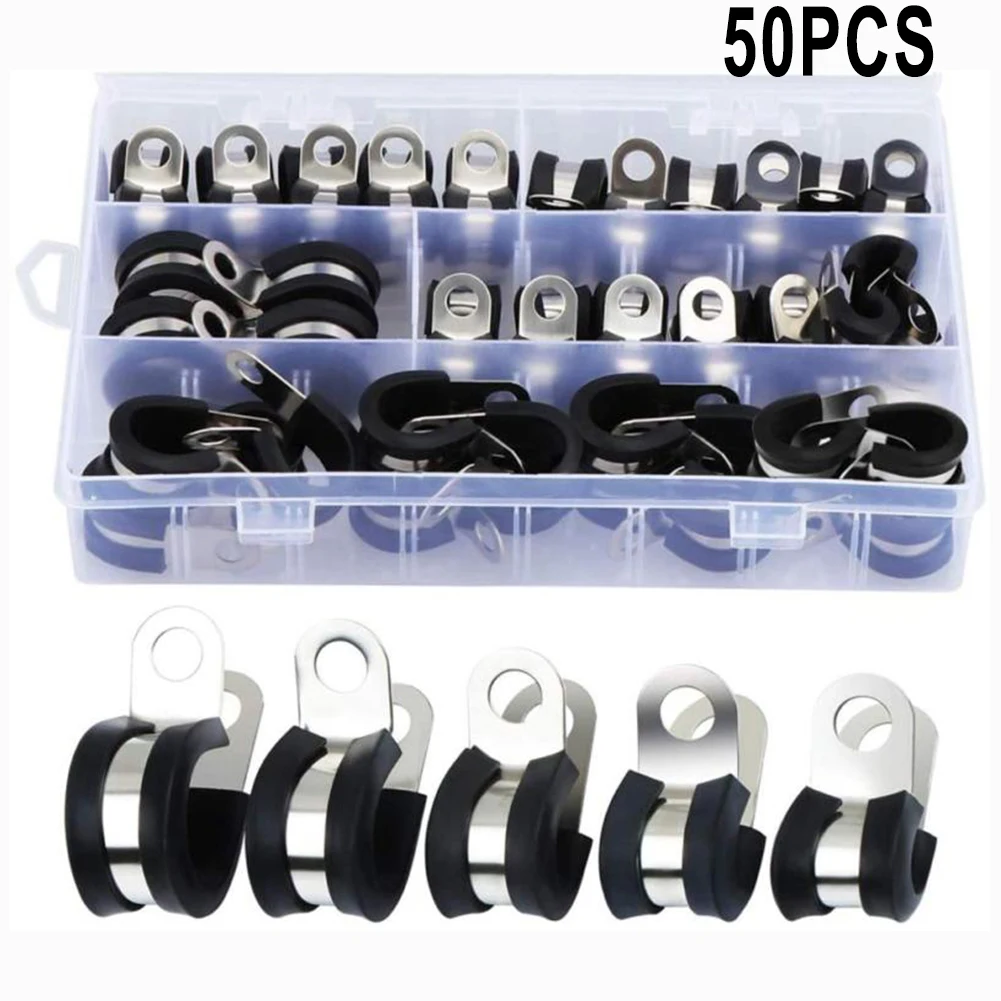 

50pcs/box 304 Stainless Steel Wire Pipe Hose Clamps Clips Rubber Insulated Clamp Cable Assortment Organizer