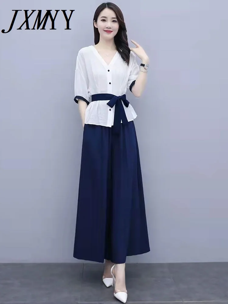 

JXMYY 2022 Summer Dress New Fashion And Elegant Waist-Slim V-Neck Temperament Two-Piece Loose High-Waisted Wide-Leg Pants